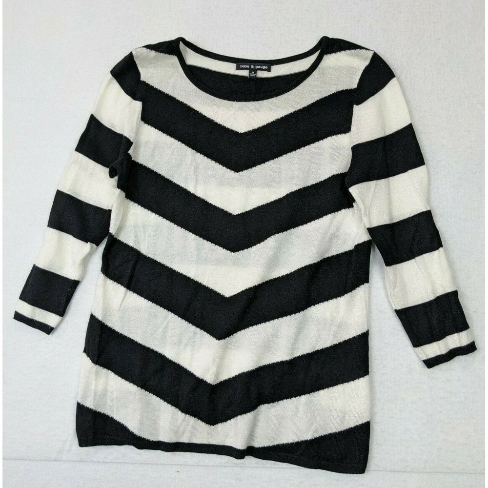 Cable Gauge Womens Sweater Pullover Sz M Viscose‎ Blend Black White Stripe